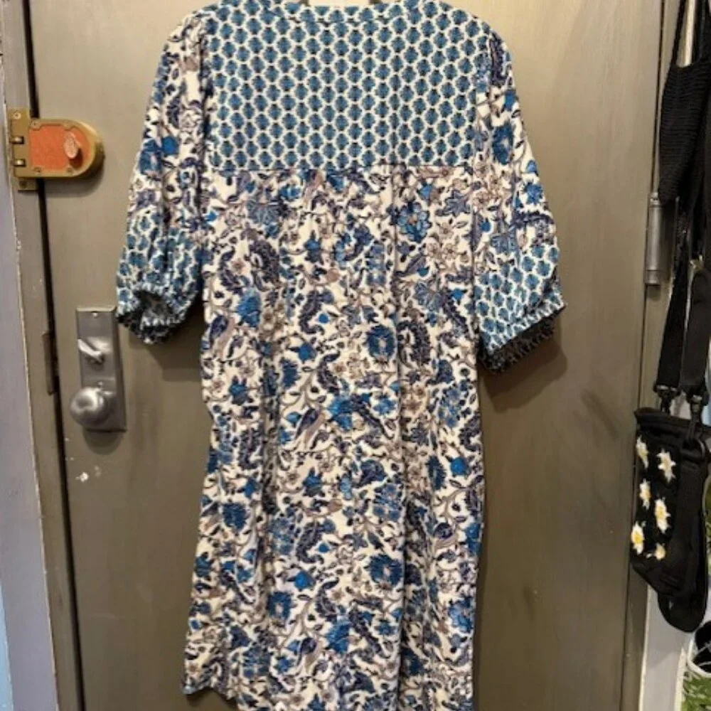 Retro Puff Sleeve Blue Bohemian Floral Tassel Tie Dress - Picture 15 of 16